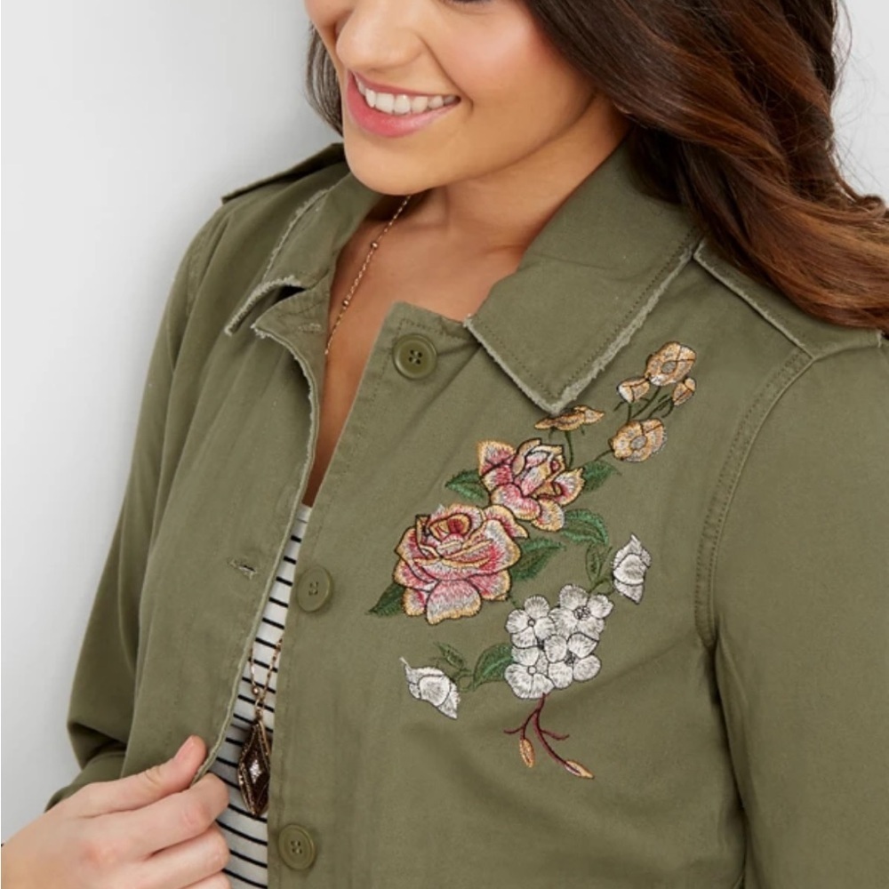 Maurices Floral Embroidered Olive Green Twill Jacket NEW